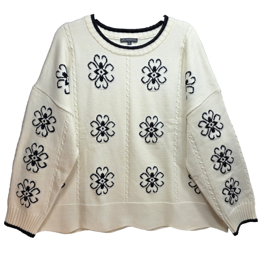 Adrinna Papell Embroidered Sweater Womens 3X Heavyweight Ivory Cable Knit Floral
